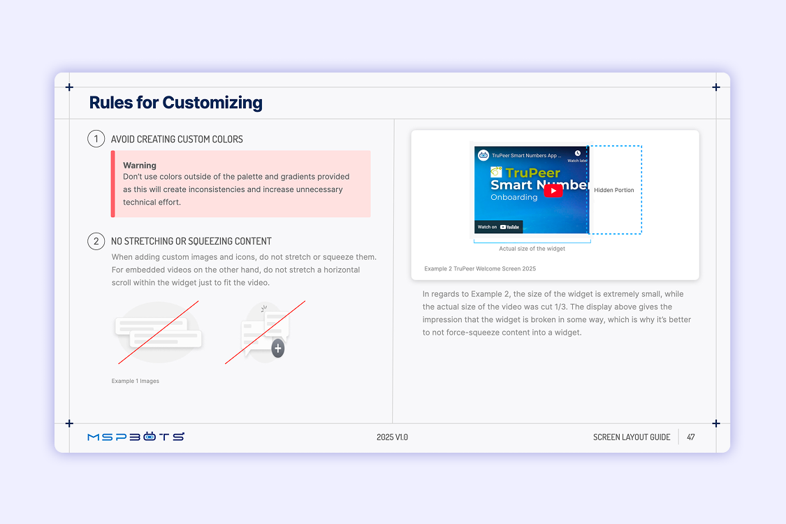 Layout rules for Data Analysts creating new sections, from the MSPbots welcome screen guidelines