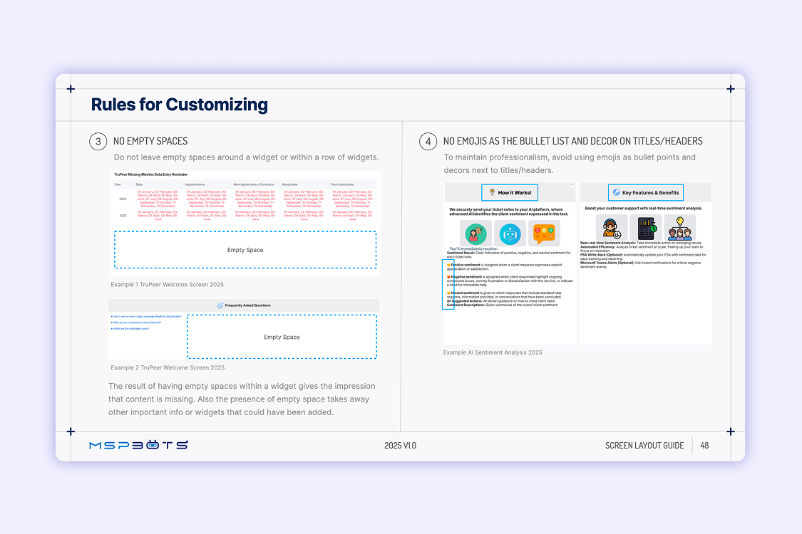 Guidelines on avoiding empty spaces and overuse of emojis in MSPbots welcome screens