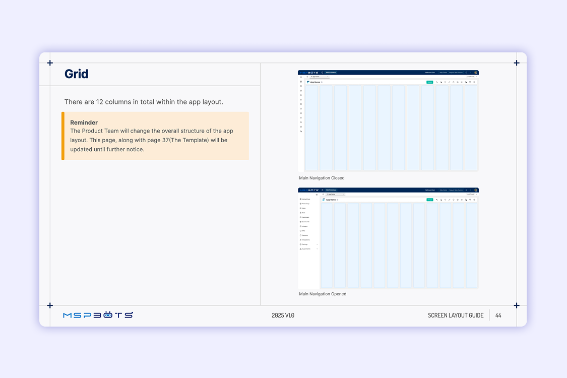 Grid and section size reference for MSPbots welcome screen desktop layouts