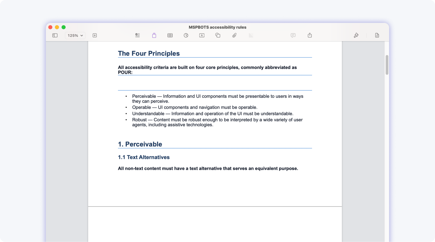 Accessibility documentation page from the MSPbots design system