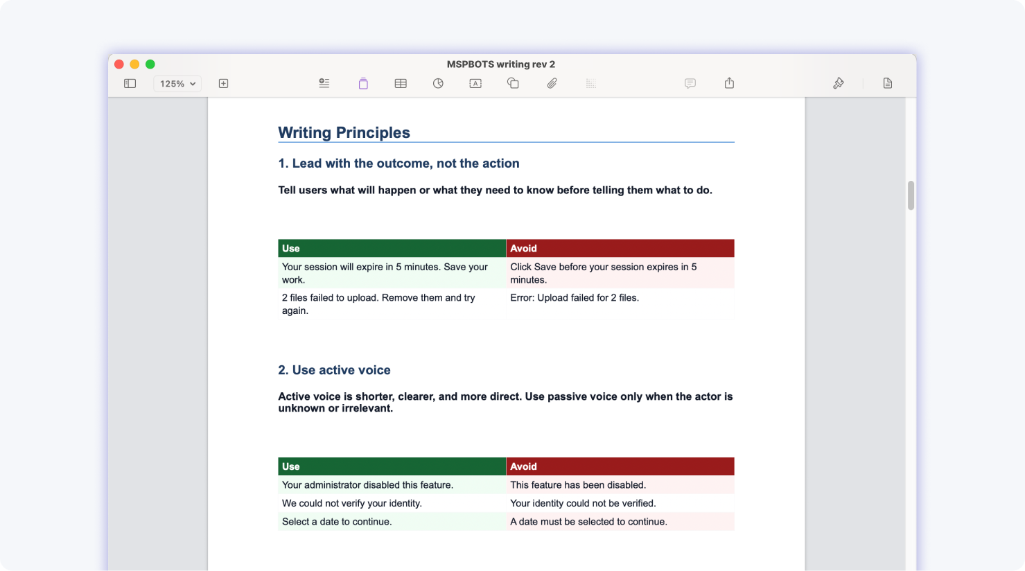 Writing guidelines page from the MSPbots design system