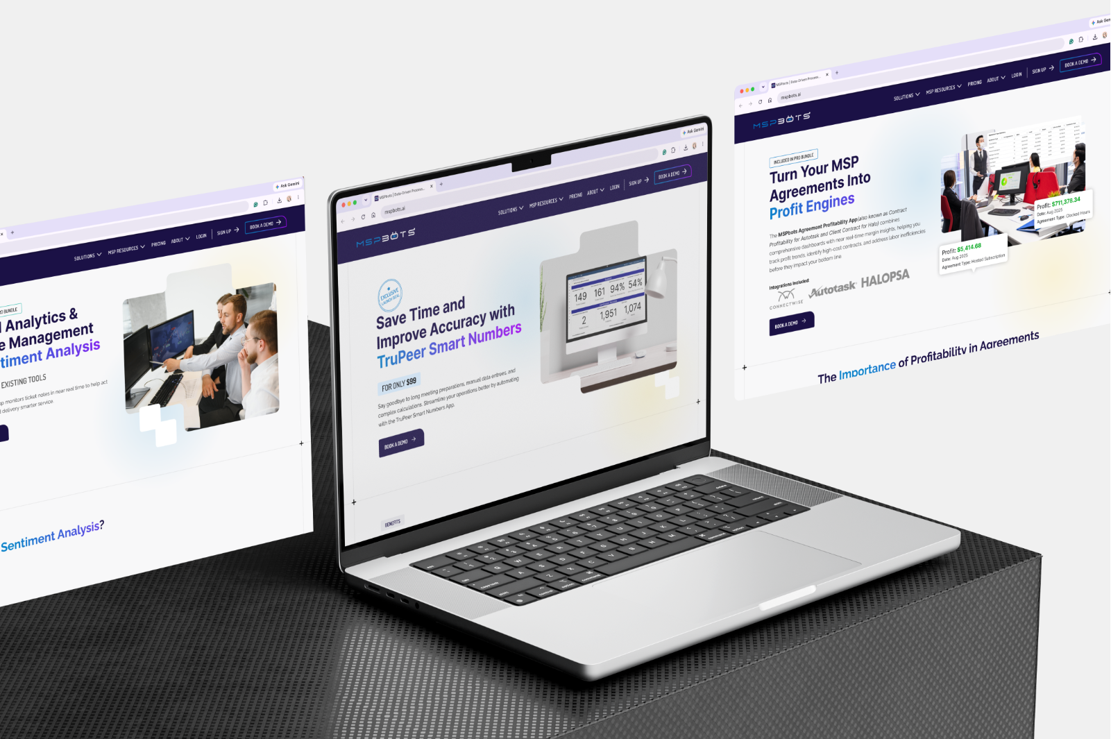 Three MSPbots product pages shown on a laptop and two floating browser windows