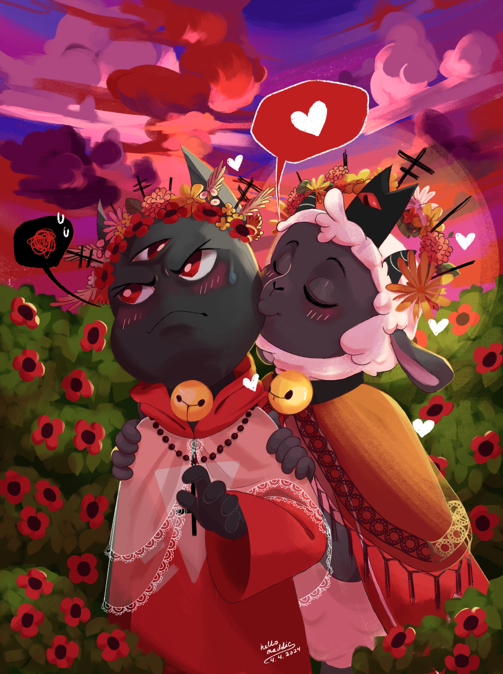 Fan art illustration of Lamb and Narinder from Cult of the Lamb dressed as a wedding couple in a field of red flowers under a sunset sky, Narinder blushing and annoyed while Lamb nuzzles affectionately against him.