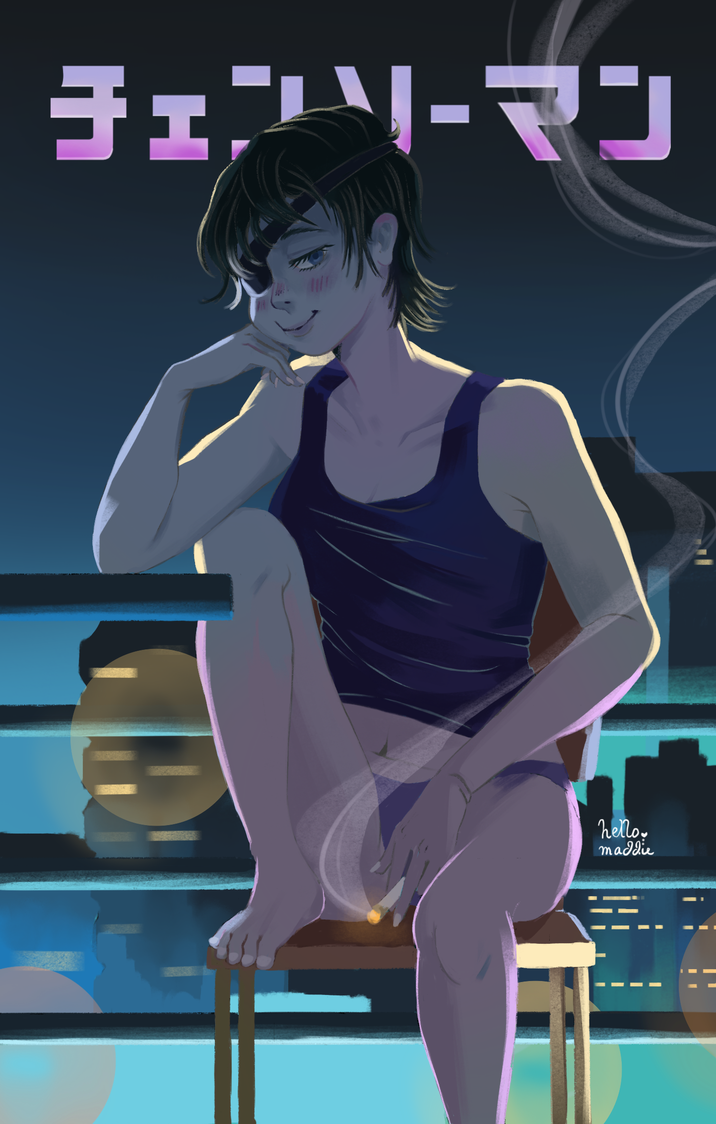 Fan art illustration of Himeno from Chainsaw Man, sitting on a stool in a dark blue swimsuit against a neon-lit city skyline at night, with the anime's Japanese title logo above her.