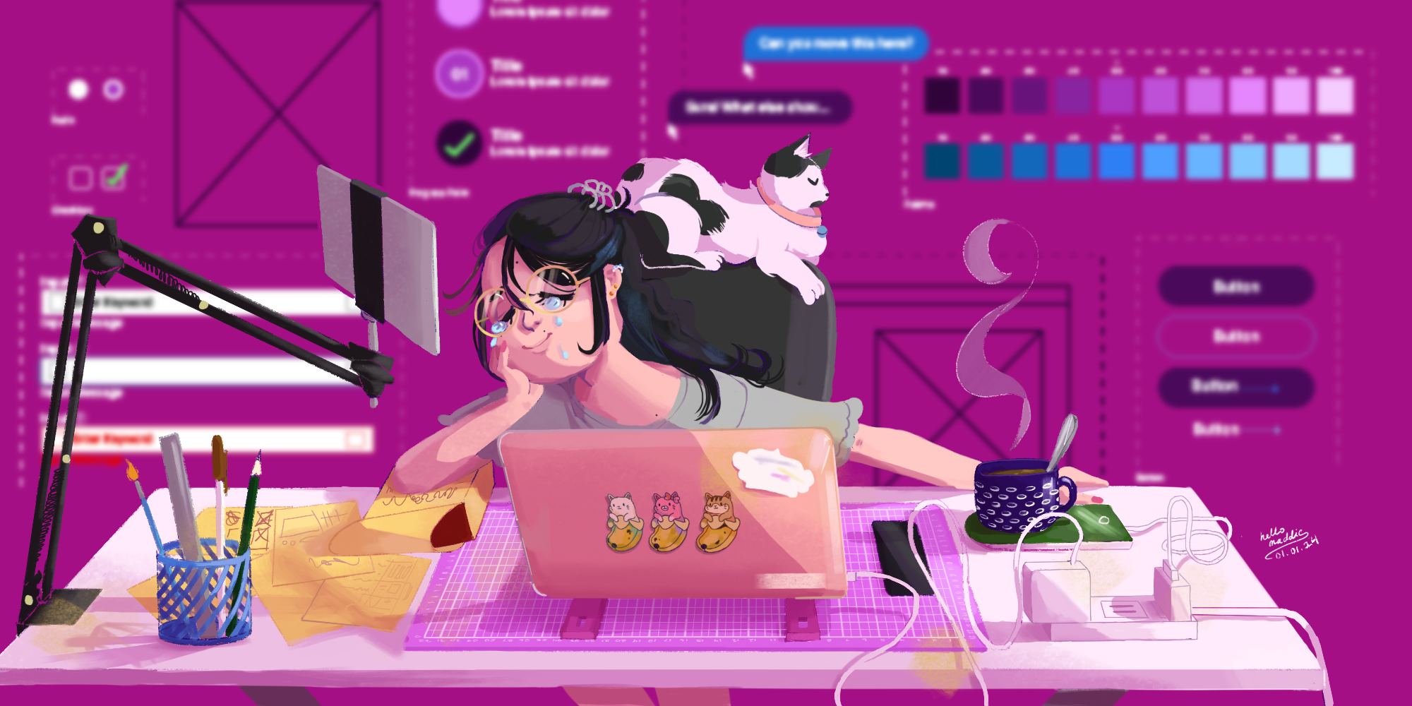 Illustration of a tired UX/UI designer resting her head on her hand at a cluttered desk, with a black and white cat lying on the back of her chair, a laptop, coffee mug, and a UI design tool interface in the pink-toned background.