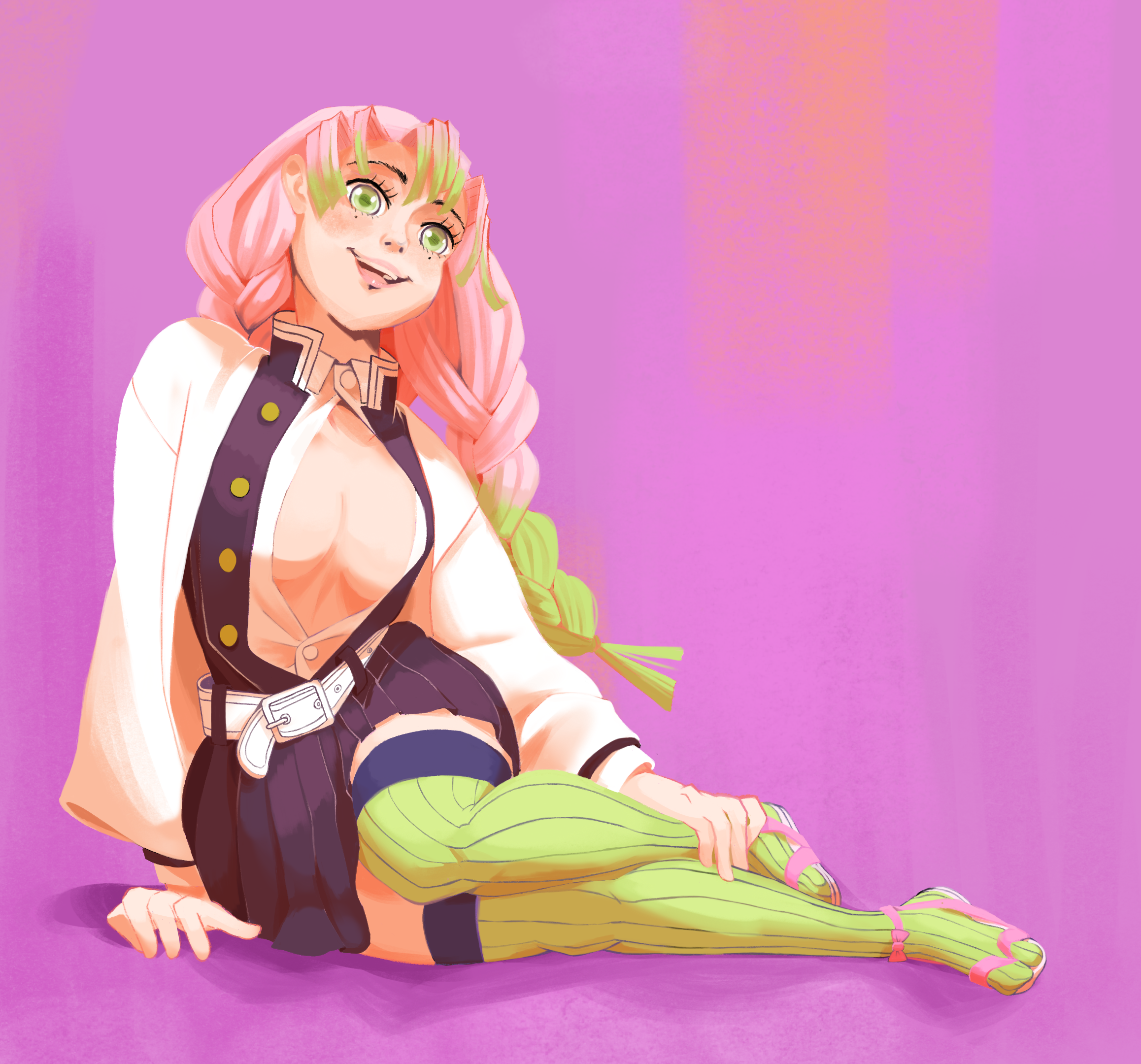 Fan art illustration of Mitsuri Kanroji from Demon Slayer, seated on the floor in her pink and green Demon Slayer uniform with braided pink hair, smiling brightly against a purple background.