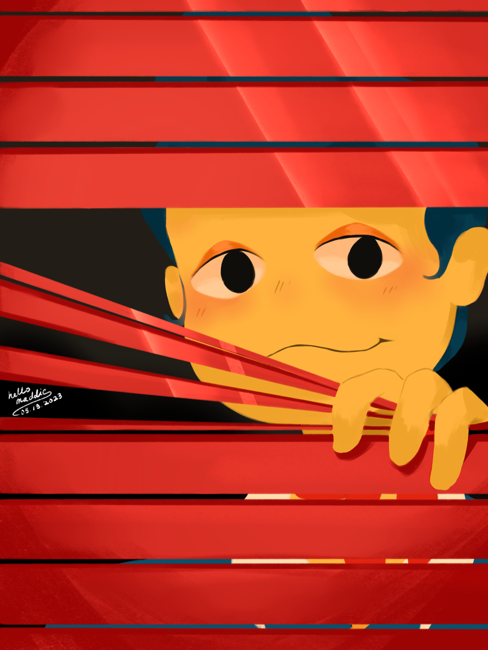 Close-up fan art of Wally Darling from Welcome Home peeking through red venetian blinds, with only his eyes and hand visible in the gap.