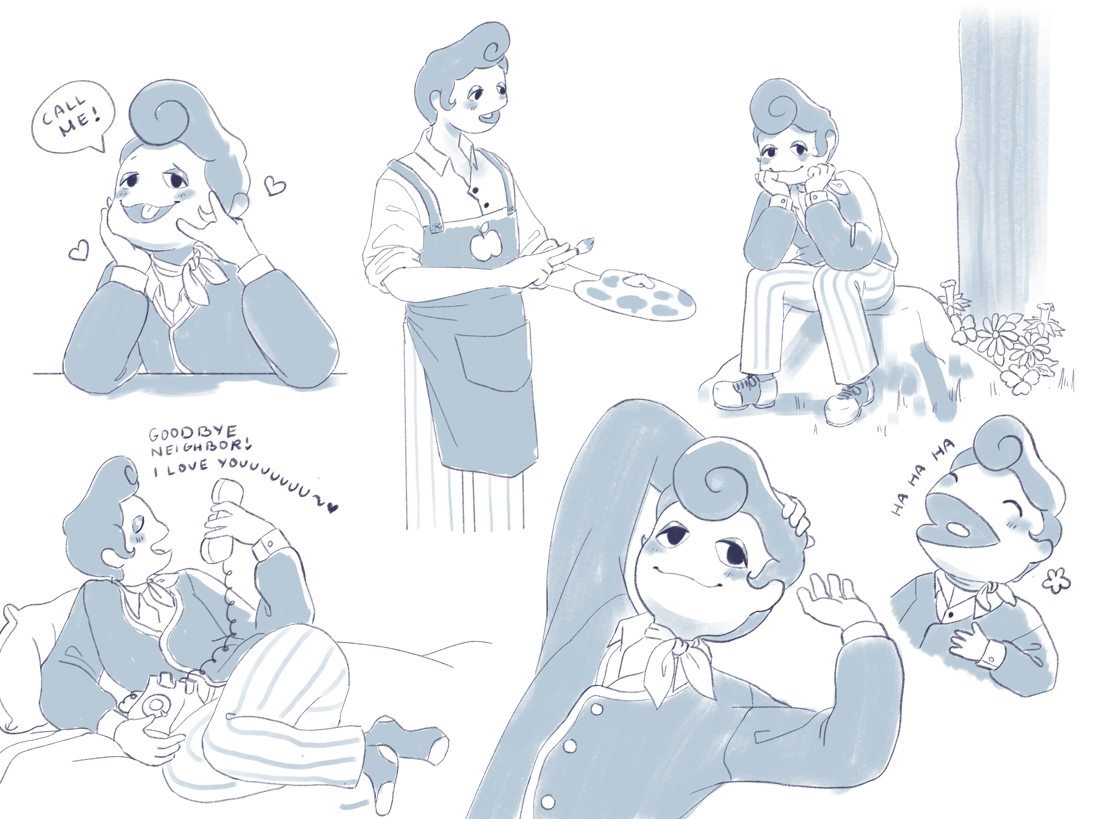Sketch page of fan art featuring Wally Darling from Welcome Home in various poses and expressions, rendered in a soft blue monochrome line style.