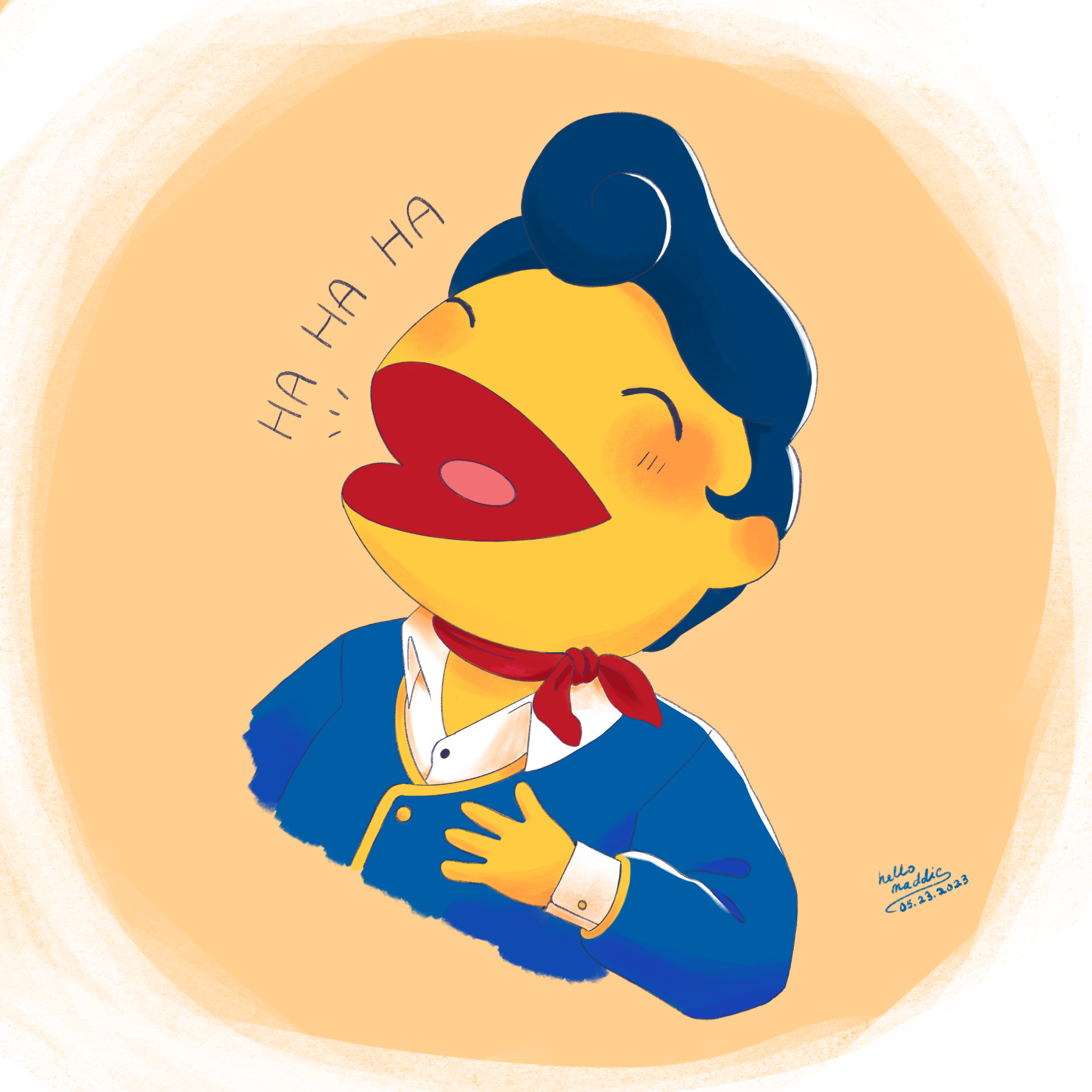 Fan art illustration of Wally Darling from Welcome Home laughing heartily with hand on chest, rendered in warm yellow and blue tones against a soft orange background.