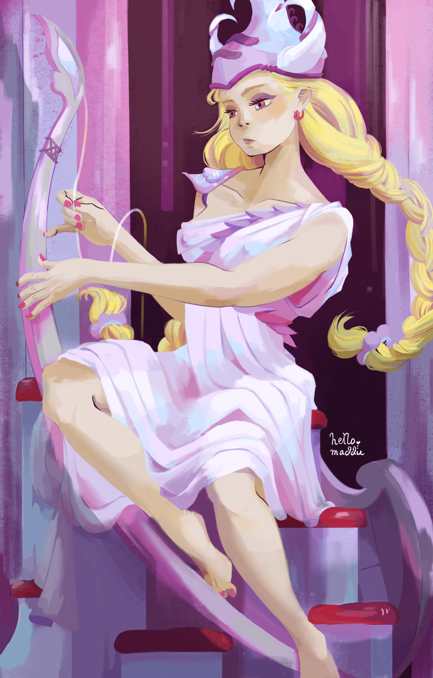 Digital illustration of the goddess Athena in a white toga, seated while drawing back an ornate bow, wearing a crown and long braided blonde hair.