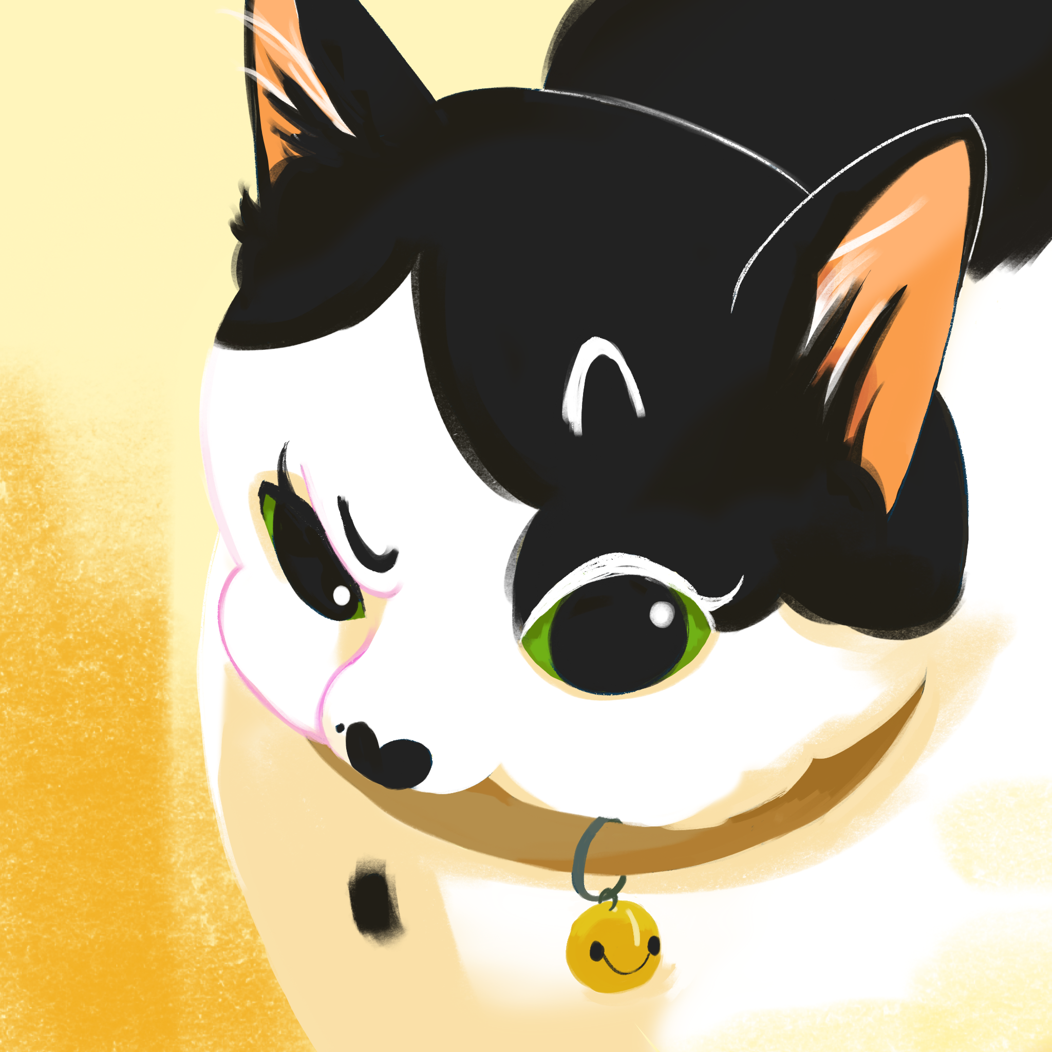 Close-up digital illustration of a calico cat's face with green eyes, black and orange ears, and a yellow smiley-face bell collar, against a warm yellow background.