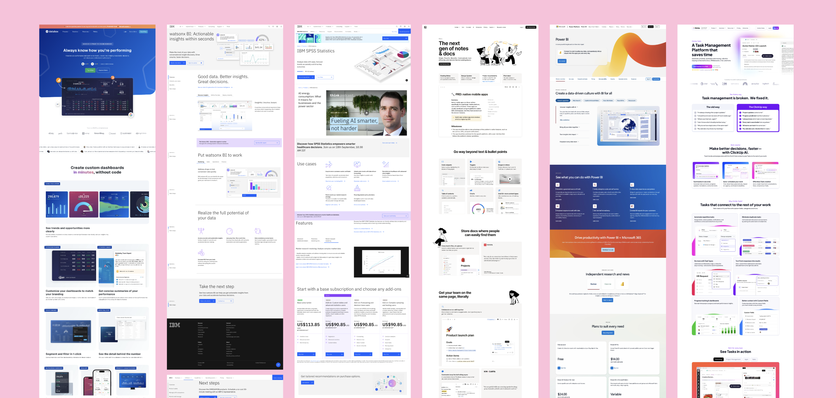 Product pages from IBM, Notion, Microsoft Power BI and ClickUp collected for reference