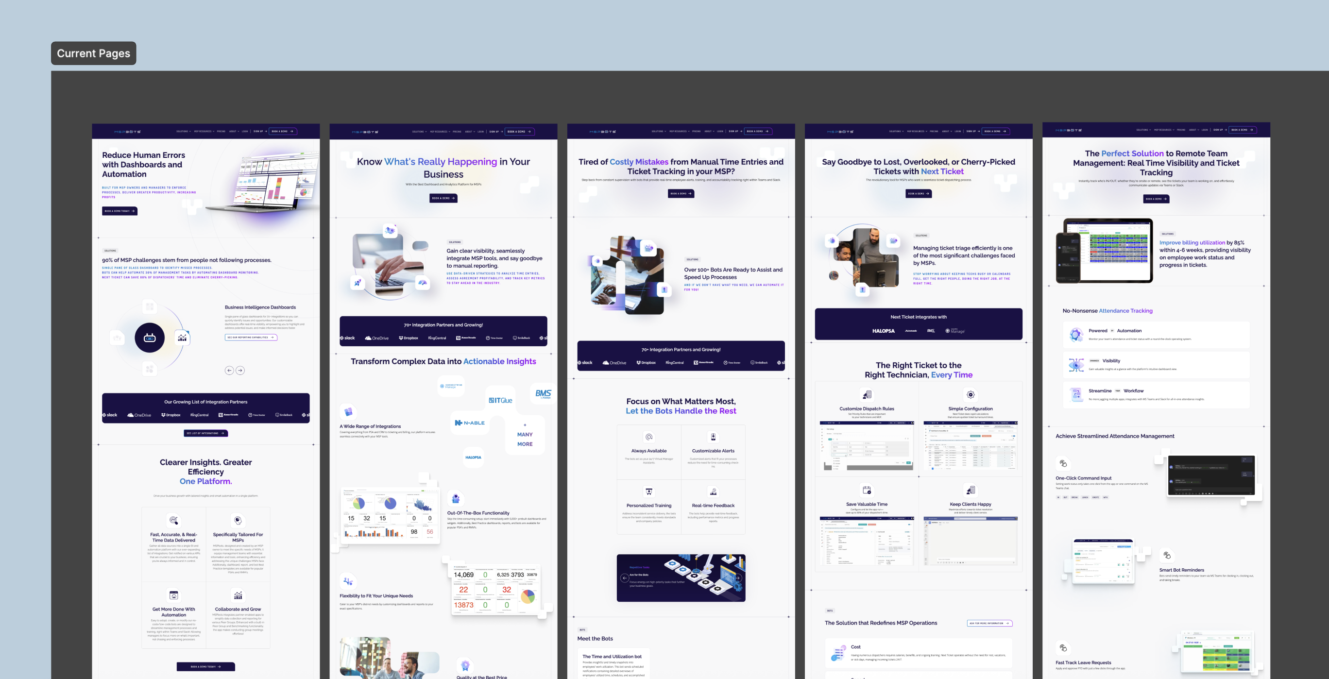 The five original MSPbots product pages laid out side by side